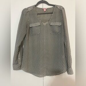 Candie's Chevron Print Sheer Long Sleeve Blouse - Black & White - Junior Medium